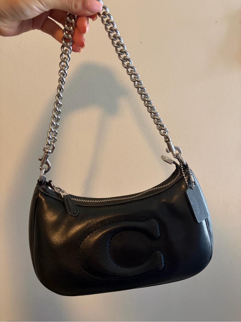 Coach Black Leather Shoulder Bag with Silver Chain